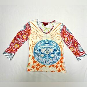 Vintage BCBG Max Azria Elements Colorful Retro V-Neck Fitted Women's Top